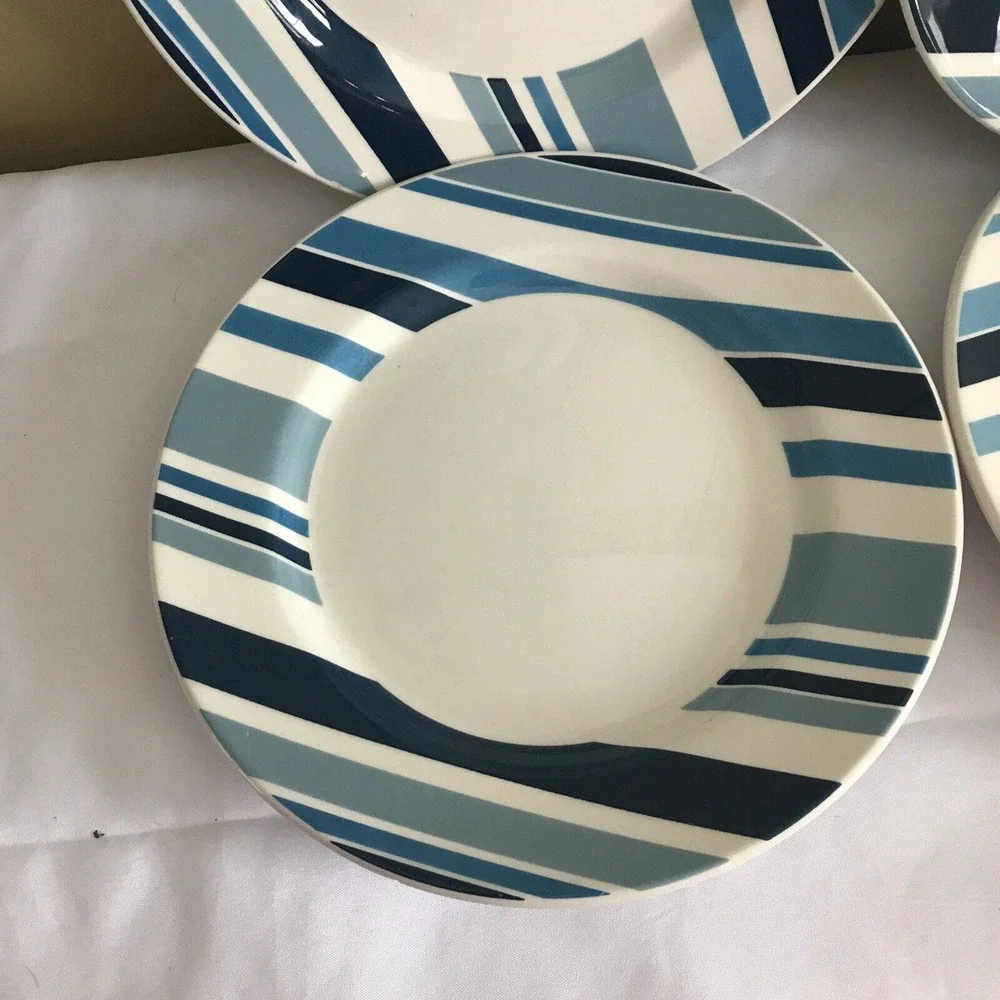 Pier 1 Marea Dinner Blue & White Stripes‎ Earthenware Made in Italy set of 4